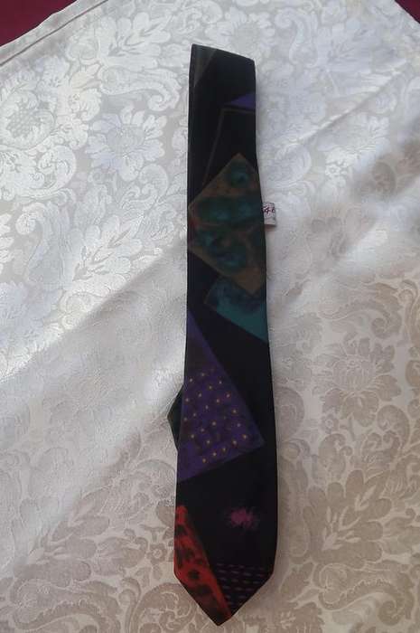 Narrow Fabio Milano Silky fashion Tie in Black with Purple and Turquoise Pattern - width 5.75cm