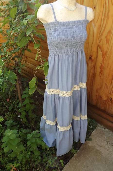 Maxi Light Blue Cotton Strappy Dress in size 12/36-elasticated top with adjustable straps-good cond