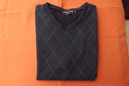 Navy diamond patterned sleeveless pullover in ribbed polyester size L Chest 110cm by Casual Luqs.