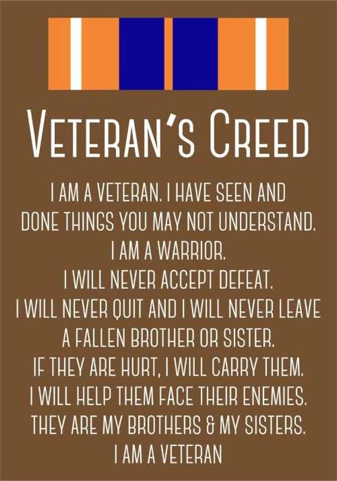 VETERANS CREED .  A 4 SIZE. ON BOARD.
