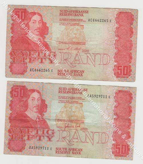 Old South African banknotes - 50 rand notes by CL Stals and GPC de Kock as per scan