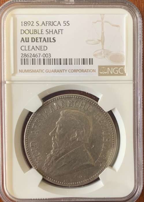 RARE 1892 ZAR 5 SHILLING DOUBLE SHAFT NGC GRADED AU DETAILS - Cleaned SILVER COIN ONLY 4327 minted