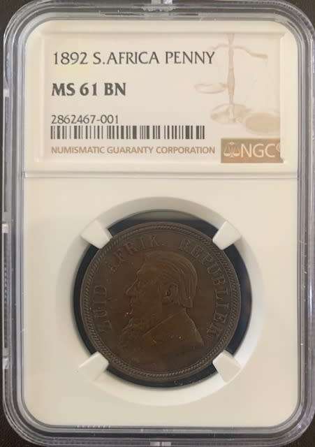1892 ZAR PENNY BRONZE COIN NGC GRADED MS61BN MINT STATE