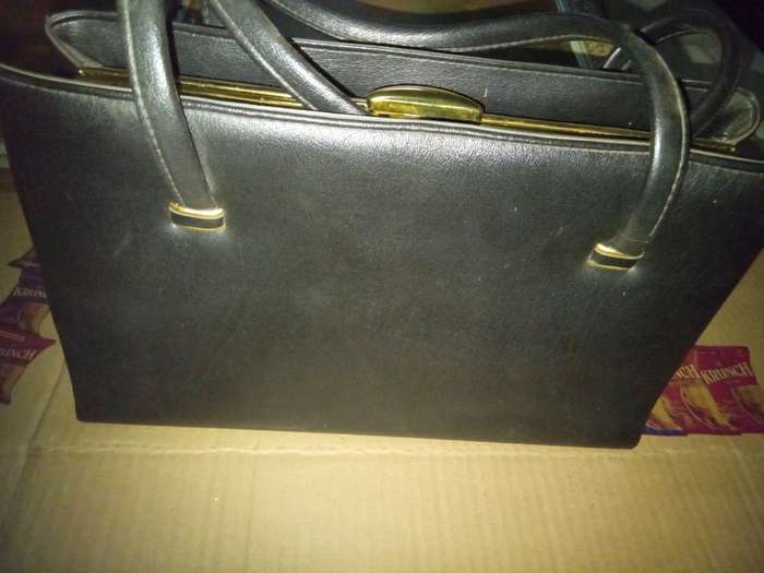 Vintage 1950s Black Everyday Handbag Large Synthetic Fabric Lining Side Pockets