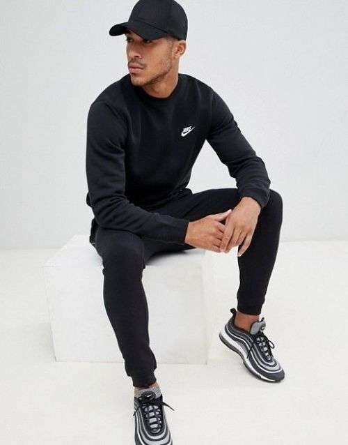 Original Mens NIKE NSW CREW CLUB FLEECE Black 804340 010 Size Large