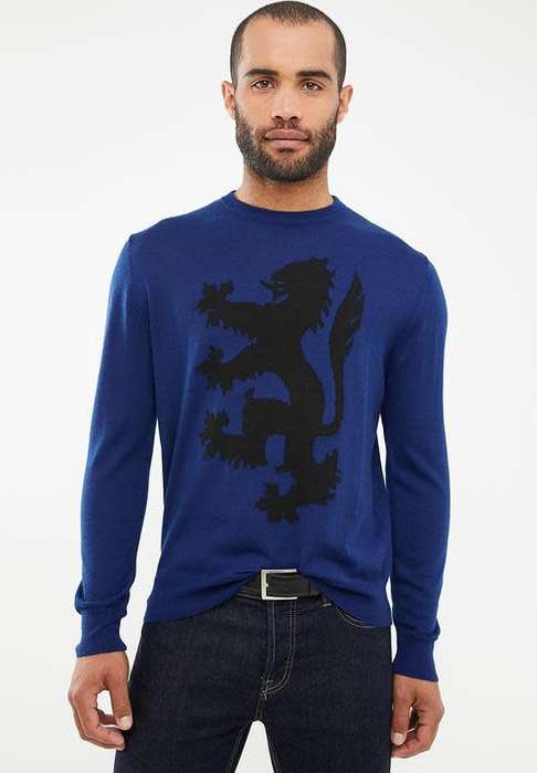 Original Mens PRINGLE Leon Lion Round Neck knit Blue Size Extra Large
