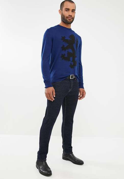 Original Mens PRINGLE Leon Lion Round Neck knit Blue Size Extra Large