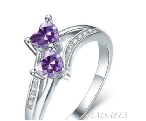 *DOUBLE HEART DESIGN* AMETHYST TOPAZ CZ #DAINTY#   S925   SIZES  6   /   7.75    AVAILABLE