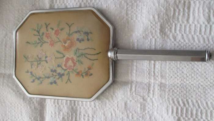 Vintage  Hand Mirror Needlepoint Petit Point
