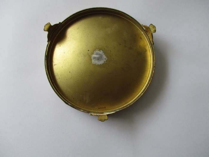 Antique English Trinket Dish Silk Petit Point Under glass Brass Footed Pin Dish