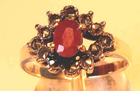 Sterling Silver , Marcasite and Genuine Ruby  Ring