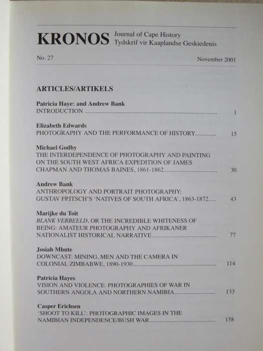 KRONOS: Visual History No 27 Journal of Cape History/Tydskrif van Kaaplandse Geskiedenis