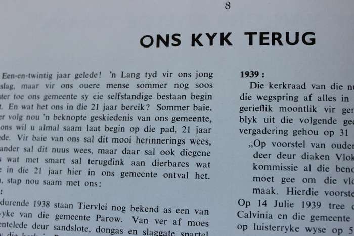 NED. GEREF. GEMEENTE TIERVLEI  Herdenking van 21-jarige bestaan 24 Junie 1938 - 24 Junie 1959