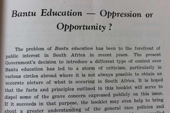 BANTU EDUCATION. Oppression or Opportunity? Issued by SABRA Stellenbosch 1955.   (P)