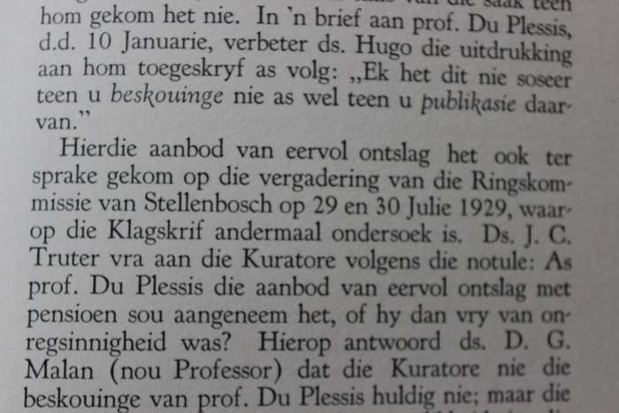 ONS KERK EN PROF. DU PLESSIS deur Senator F.S. Malan.   (P)