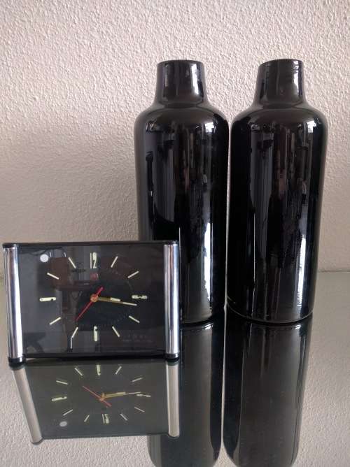 Set 2 Large Vintage/Art Deco Black Glass Vases 32 Cm Handblown