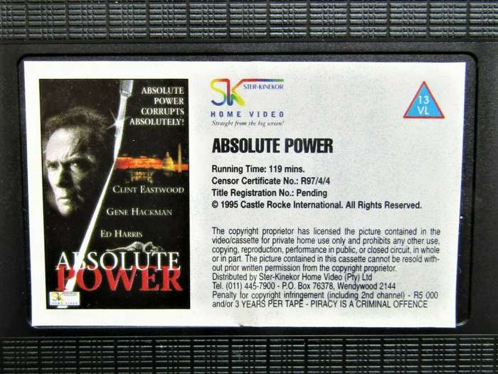 Absolute Power - Clint Eastwood - VHS Tape (1997)