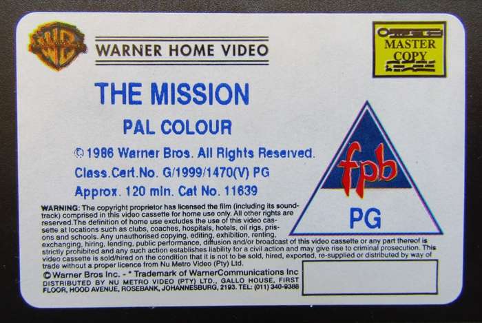The Mission - Robert De Niro - Movie VHS Tape (1999)