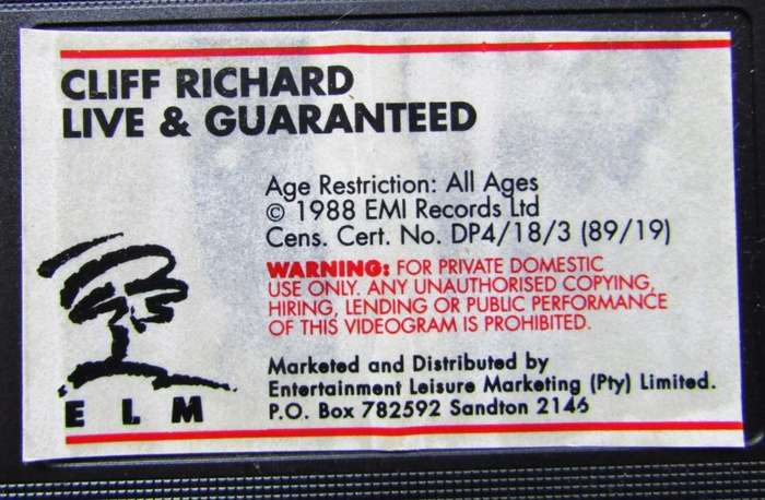Cliff Richard - Live & Guaranteed 1988 - VHS Video Tape