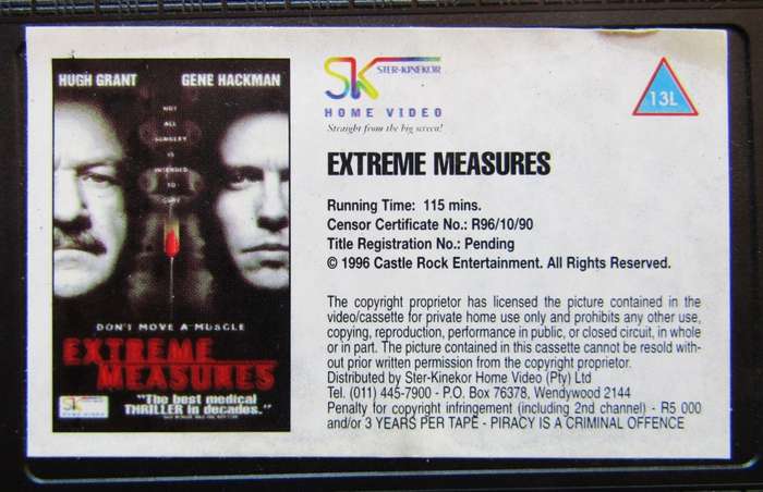 Extreme Measures - Hugh Grant - Movie VHS Tape (1996)