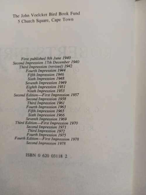 Roberts Birds Of South Africa, G. R. McLachlan Ph.D and R. Liversidge-Hardcover 4th Edition