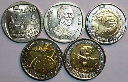 5 R5.00 coins - 1994,2000,2014, 2015 and 2017 -Please see photo's