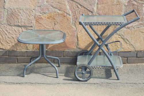 AN AWESOME AND WELL MADE METAL PATIO DRINKS TABLE SET INCLUDING A MOBILE DRINKS TROLLEY