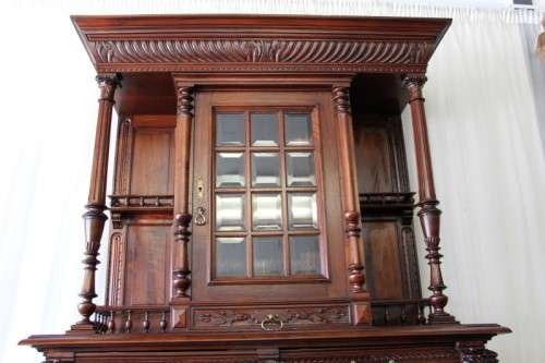 A MAGNIFICENT ANTIQUE FRENCH RENAISSANCE REVIVAL WALNUT "BUFFET-A-DEUX CORPUS" CABINET