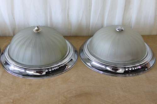 AN AWESOME COLLECTION OF FOUR CHROME AND FROSTED GLASS DOME CEILING LIGHT FITTINGS bid/light