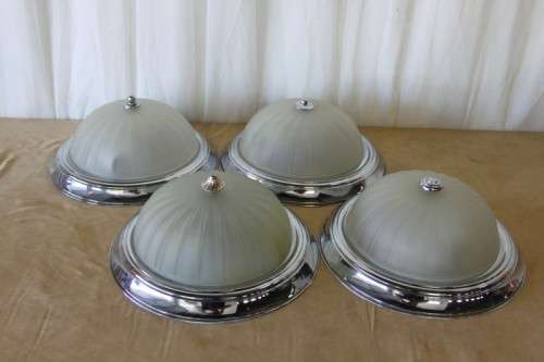 AN AWESOME COLLECTION OF FOUR CHROME AND FROSTED GLASS DOME CEILING LIGHT FITTINGS bid/light