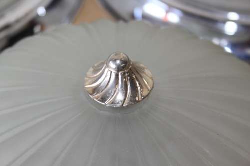 AN AWESOME COLLECTION OF FOUR CHROME AND FROSTED GLASS DOME CEILING LIGHT FITTINGS bid/light