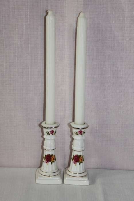 A STUNNING PAIR OF "COTTAGE ROSE" FINE BONE CHINA CANDLE STANDS IN SUPERB CONDITION