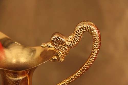 An extremely rare French ''opaline trianon'' milk glass jug with gold plated embellishments