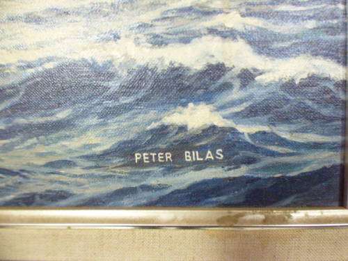 A beautiful signed and framed "Peter Bilas" oil painting of a sailing ship in an ornate frame