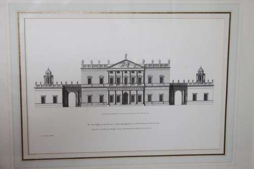 A framed architectural print of the front of the mid 1600's Offices of Lord Percival RS17