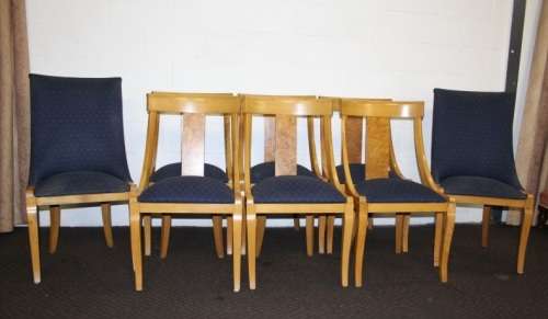 Eight superb yellow wood & walnut burr dining room chairs with awesome carvers - price/chair