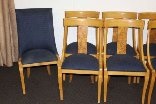Eight superb yellow wood & walnut burr dining room chairs with awesome carvers - price/chair
