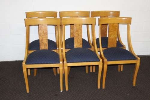 Eight superb yellow wood & walnut burr dining room chairs with awesome carvers - price/chair