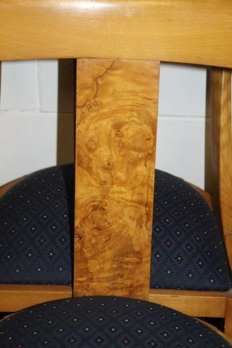 Eight superb yellow wood & walnut burr dining room chairs with awesome carvers - price/chair