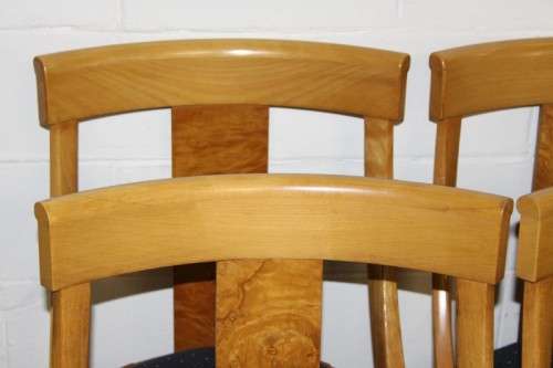 Eight superb yellow wood & walnut burr dining room chairs with awesome carvers - price/chair