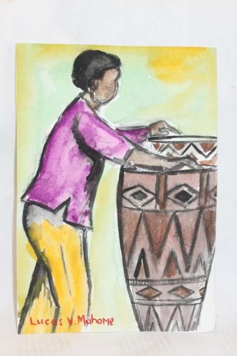 Gorgeous original signed unframed Lucas V. Mahome watercolour painting of an African drum - RS17Sale