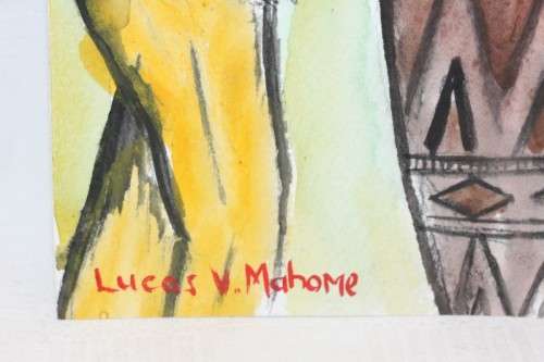 Gorgeous original signed unframed Lucas V. Mahome watercolour painting of an African drum - RS17Sale