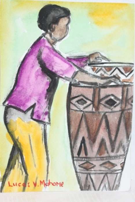 Gorgeous original signed unframed Lucas V. Mahome watercolour painting of an African drum - RS17Sale