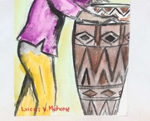 Gorgeous original signed unframed Lucas V. Mahome watercolour painting of an African drum - RS17Sale
