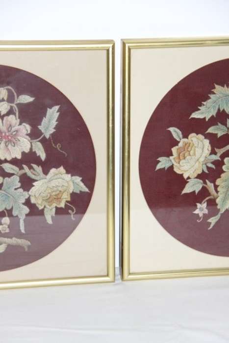 **RS17** A set of three exquisitely framed vintage embroidery floral panels in amazing condition