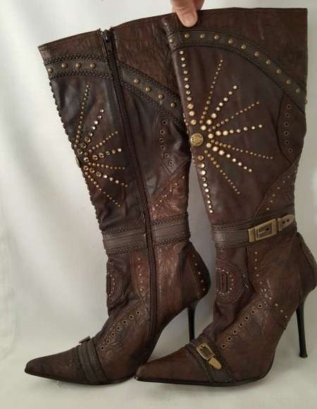A beautiful and very sexy pair of brown ladies 1to3 mid-calf "studded" stiletto heel zip-up boots