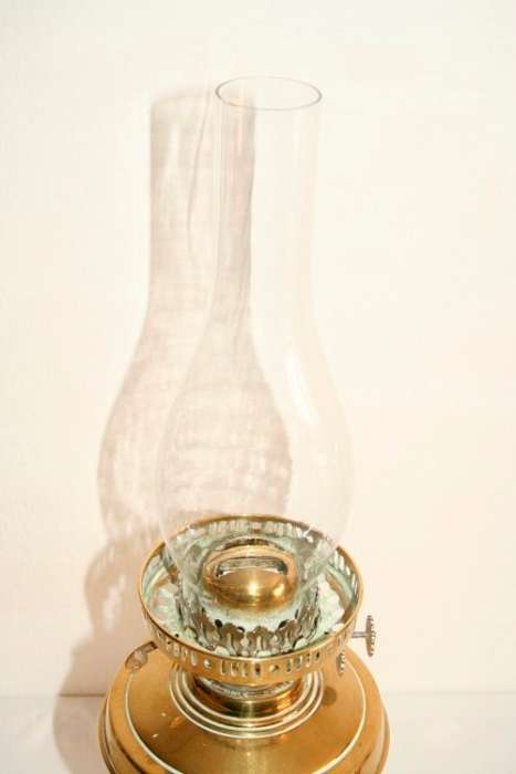 A magnificent tall antique solid brass "double-wick" paraffin lamp w/ snuffer & frosted glass shade