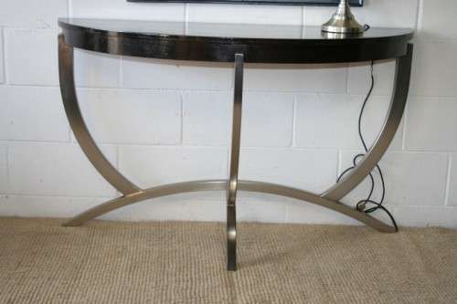 An awesome modern brushed steel framed half-moon console/ occasional table with a dark hardwood top