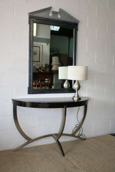An awesome modern brushed steel framed half-moon console/ occasional table with a dark hardwood top