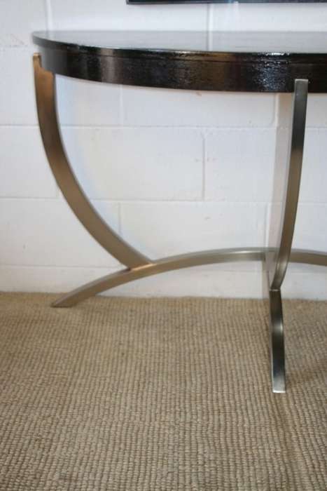 An awesome modern brushed steel framed half-moon console/ occasional table with a dark hardwood top